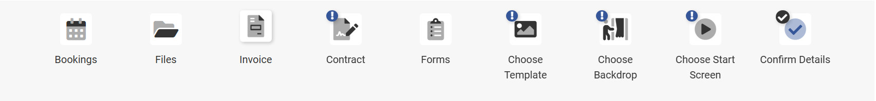 Folder menu inside the client portal, showing bookings, files, invoice, contract and forms