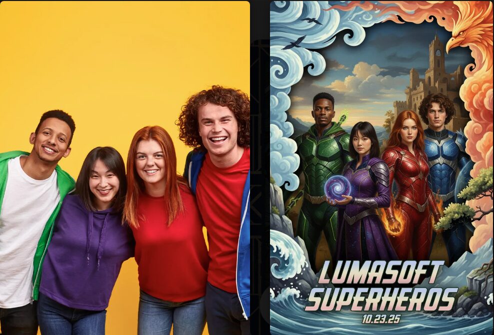 Example AI portrait transformation: guest turned into a comic-book superhero style portrait