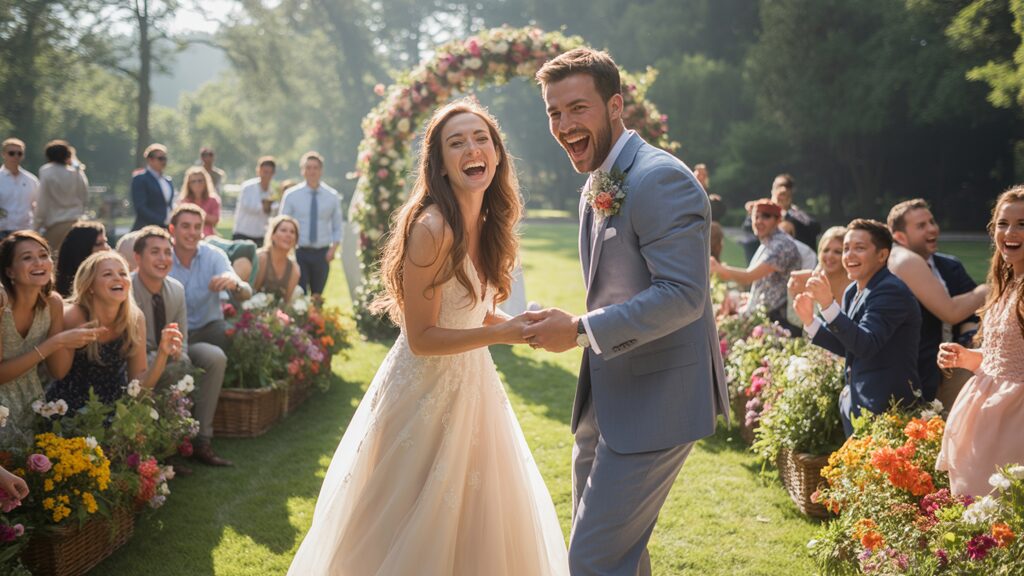 Bride and groom laughing together during an outdoor wedding game under a floral arch