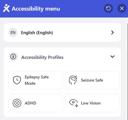 Website accessibility menu showing the language selector and Accessibility Profiles including Epilepsy Safe Mode, Seizure Safe, ADHD, and Low Vision presets