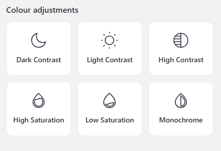 Colour and navigation adjustments panel showing dark contrast, light contrast, high contrast, saturation controls, mute sounds, page read, reading guide, pause animations, and big cursor tools