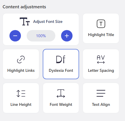 Content adjustments panel showing font size, highlight title, highlight links, dyslexia font, letter spacing, line height, font weight, and text align controls