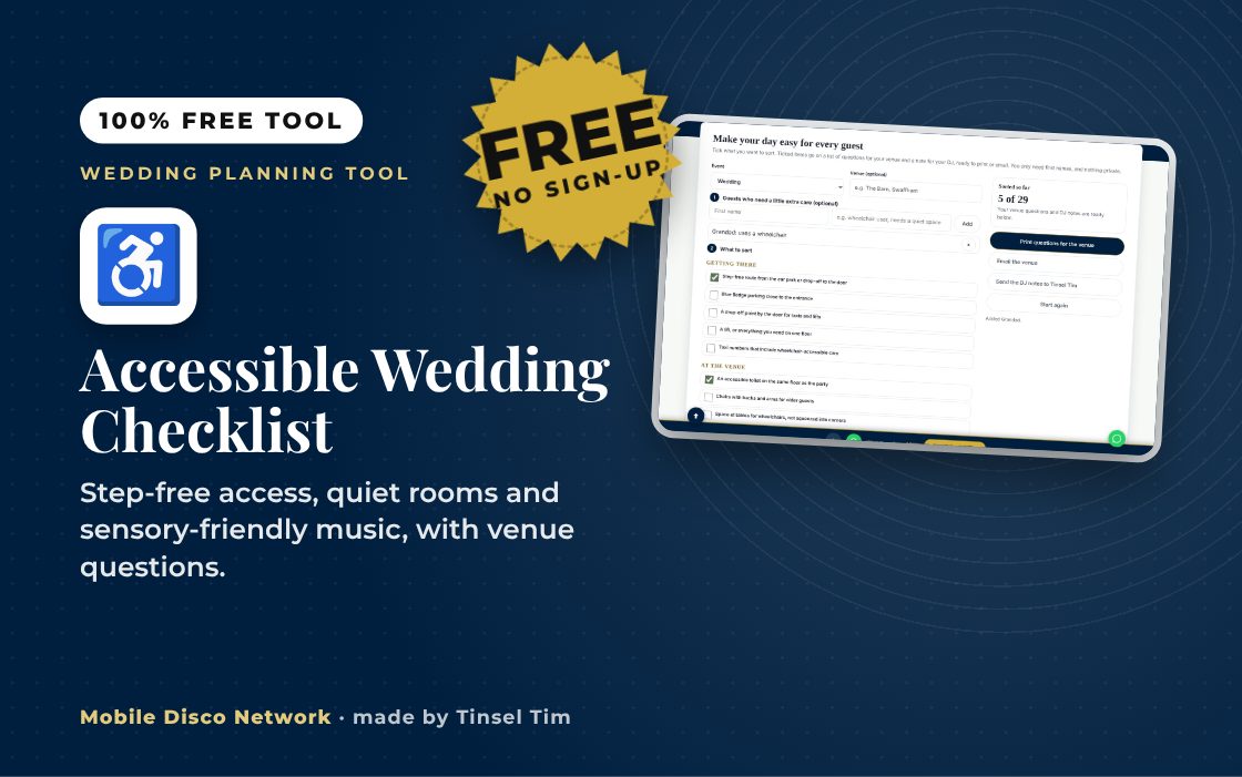 Accessible wedding checklist with questions for the venue and DJ