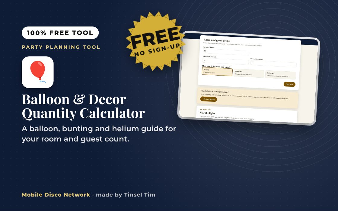 Balloon calculator showing balloon, bunting and helium quantities for a party