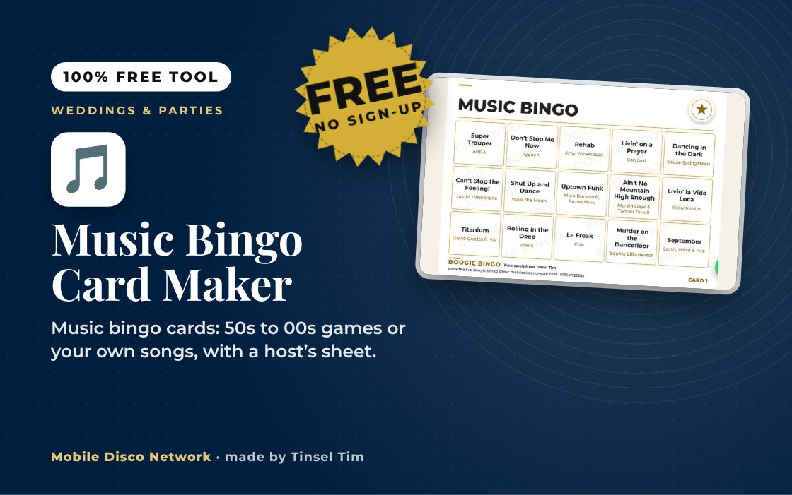 Printable music bingo cards with Boogie Bingo branding