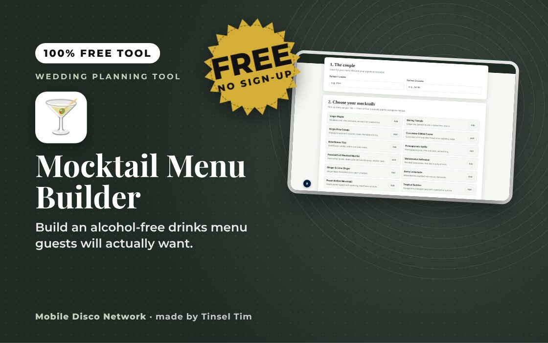 Wedding mocktail menu builder with a signature drink
