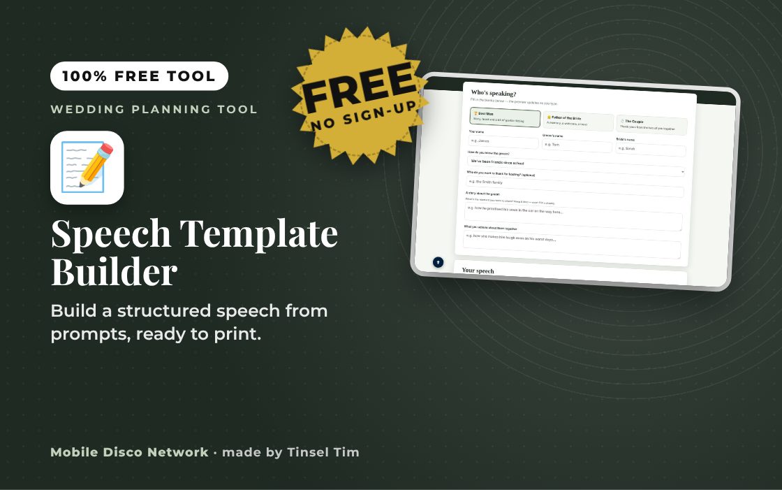 Wedding speech template with fill-in prompts and live preview