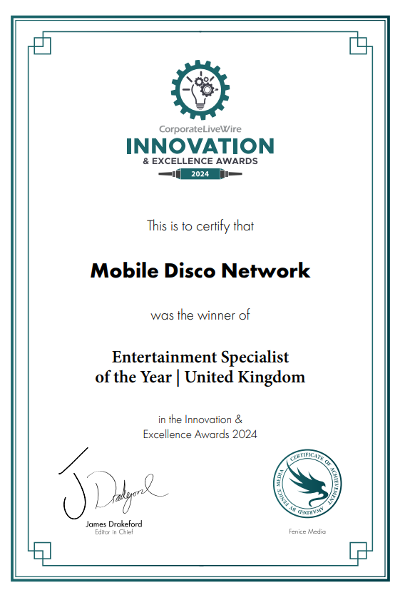 Official Corporate Livewire Innovation and Excellence Award certificate naming Mobile Disco Network as Entertainment Specialist of the Year.